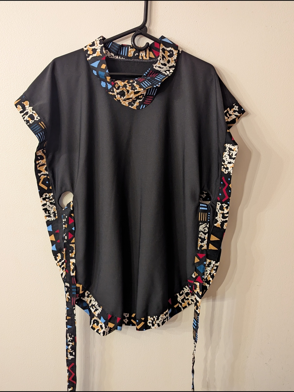 Koubix Handcrafted Poncho Style Women's Short-Sleeve Top with Patterned Trim M-L
